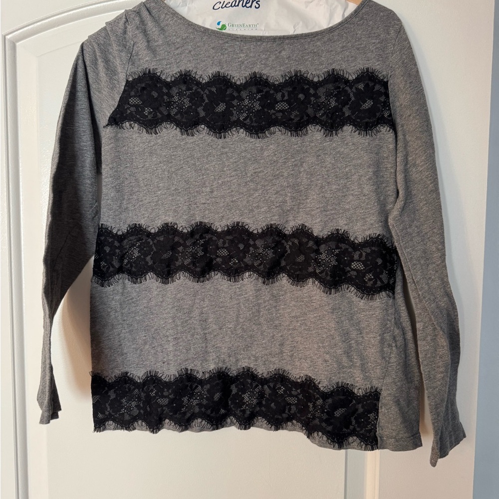 LOFT Gray Top with Black Lace Accents